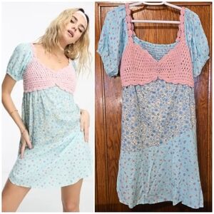 ASOS Ditzy Floral Crochet Sweetheart Mini Dress Balloon Sleeves US Size 10